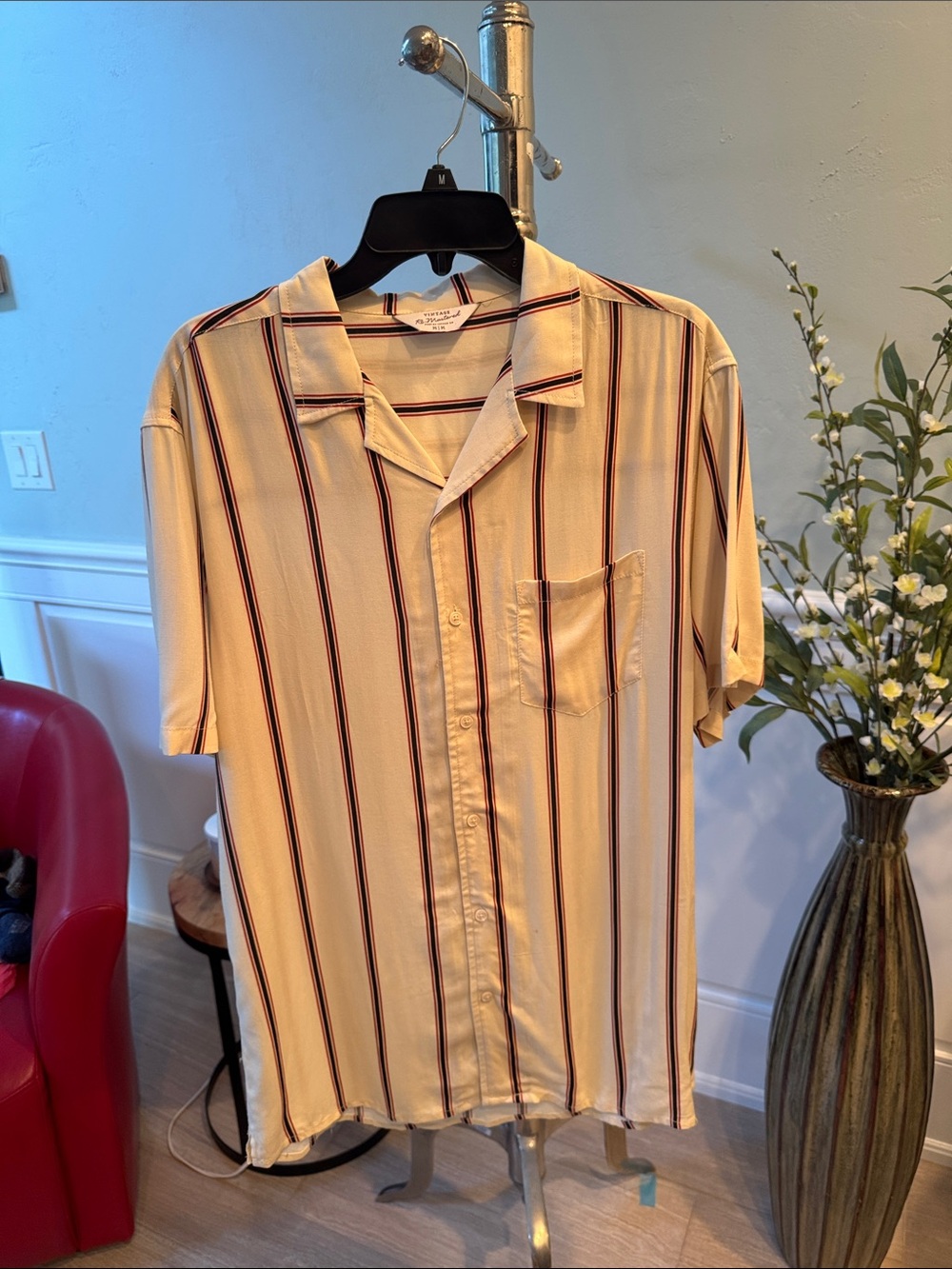 Men's Short Sleeve Button-Down Shirt - Cream with Burgundy & Navy Stripes